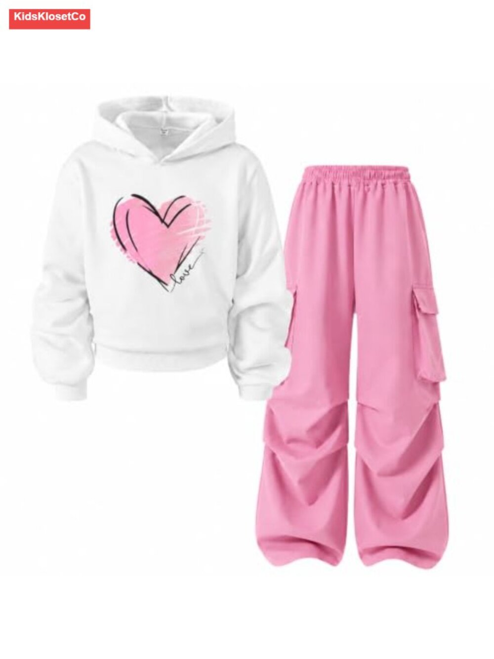 Girls 2-Piece Outfit Long Sleeve Heart Print Sweatshirt Cargo Pants Set Cotton